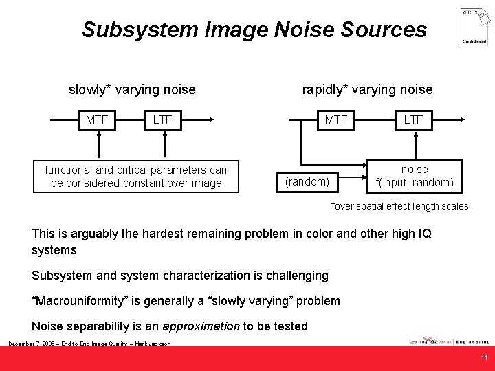 Subsystem Image Noise Sources slowly* varying noise MTF rapidly* varying noise LTF functional and