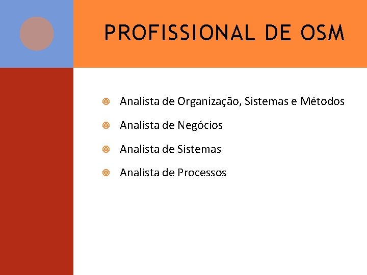 PROFISSIONAL DE OSM Analista de Organização, Sistemas e Métodos Analista de Negócios Analista de