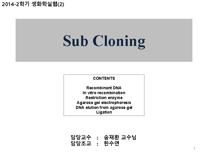 2014 -2학기 생화학실험(2) Sub Cloning CONTENTS Recombinant DNA In vitro recombination Restriction enzyme Agarose