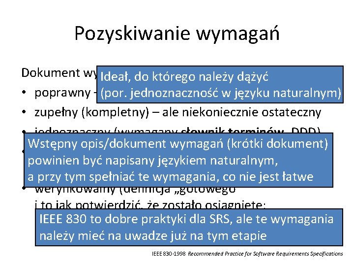 Pozyskiwanie wymagań Dokument wymagań powinien Ideał, do któregobyć: należy dążyć • poprawny –(por. trafnie