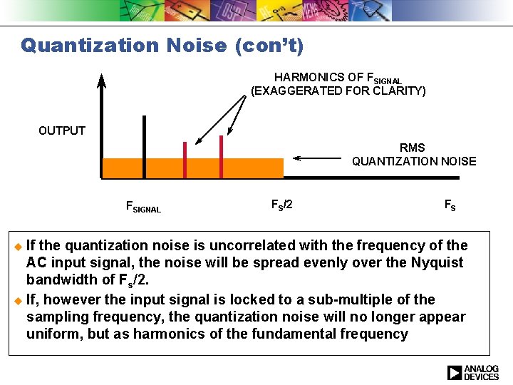 Quantization Noise (con’t) HARMONICS OF FSIGNAL (EXAGGERATED FOR CLARITY) OUTPUT RMS QUANTIZATION NOISE FSIGNAL