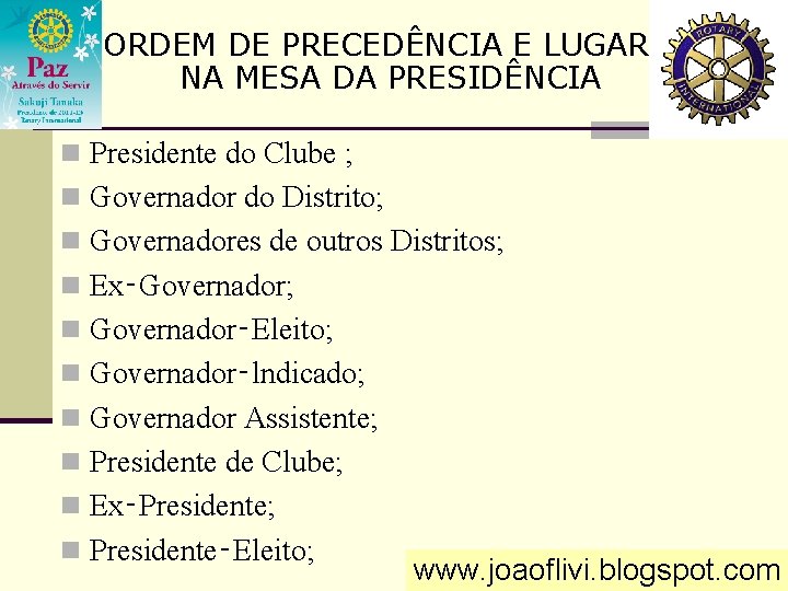 ORDEM DE PRECEDÊNCIA E LUGAR NA MESA DA PRESIDÊNCIA n Presidente do Clube ;