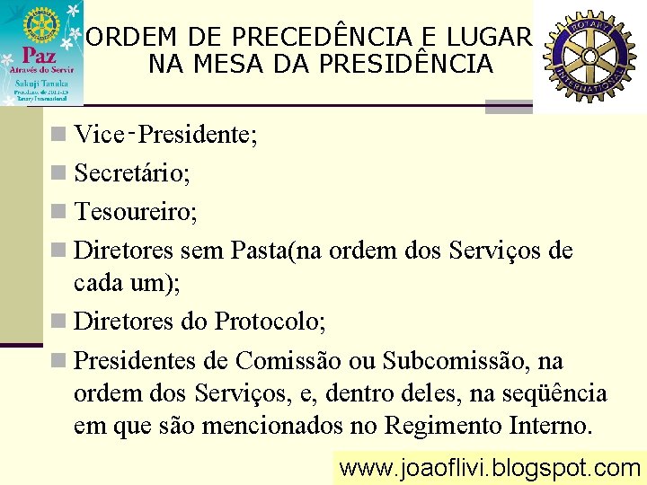 ORDEM DE PRECEDÊNCIA E LUGAR NA MESA DA PRESIDÊNCIA n Vice‑Presidente; n Secretário; n