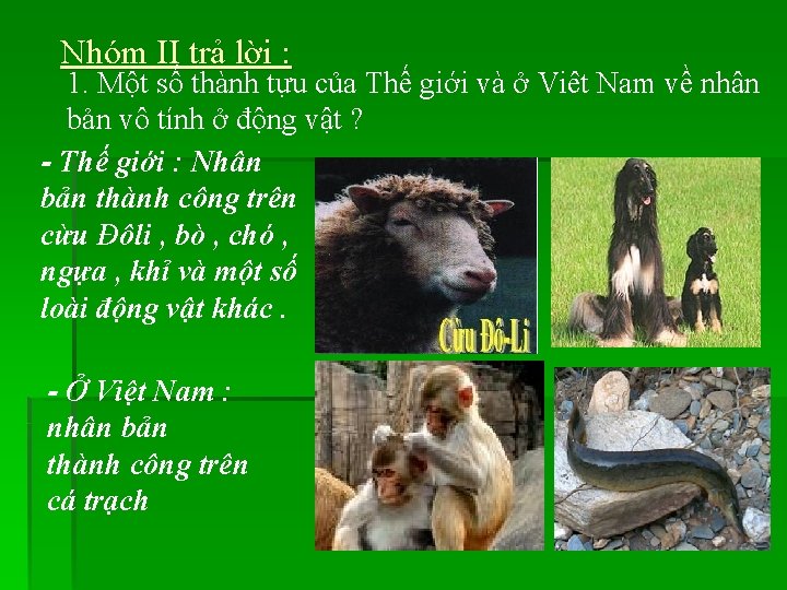 Nhóm II trả lời : 1. Một số thành tựu của Thế giới và