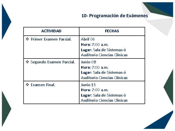 10 - Programación de Exámenes ACTIVIDAD FECHAS v Primer Examen Parcial. Abril 06 Hora: