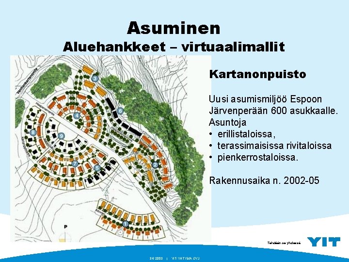 Asuminen Aluehankkeet – virtuaalimallit Kartanonpuisto Uusi asumismiljöö Espoon Järvenperään 600 asukkaalle. Asuntoja • erillistaloissa,