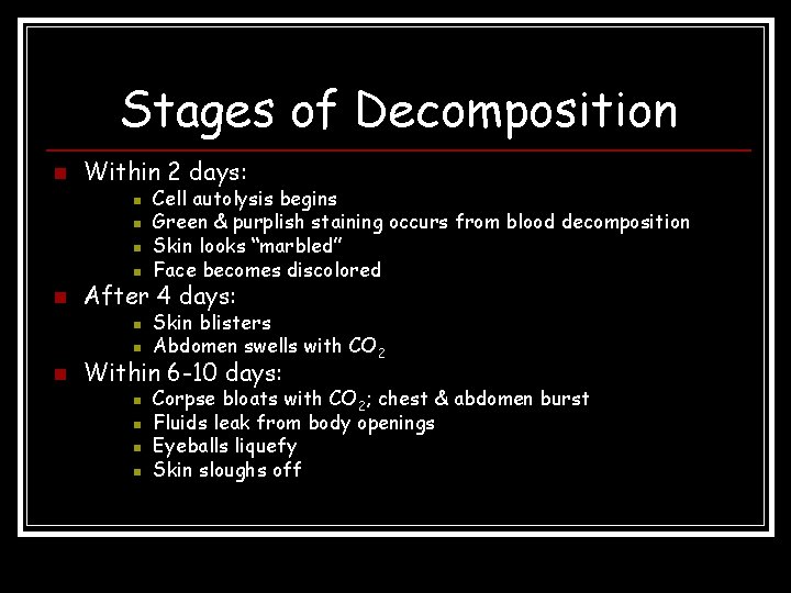 Stages of Decomposition n Within 2 days: n n n After 4 days: n Stages of Decomposition n Within 2 days: n n n After 4 days: n