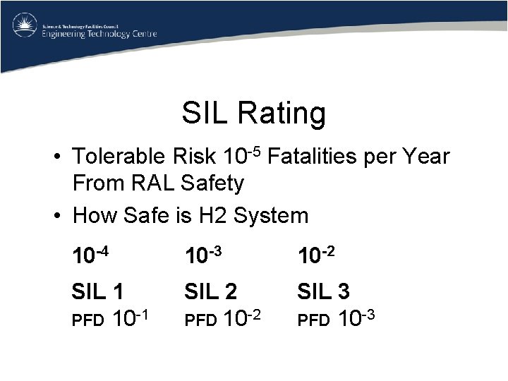 SIL Rating • Tolerable Risk 10 -5 Fatalities per Year From RAL Safety •