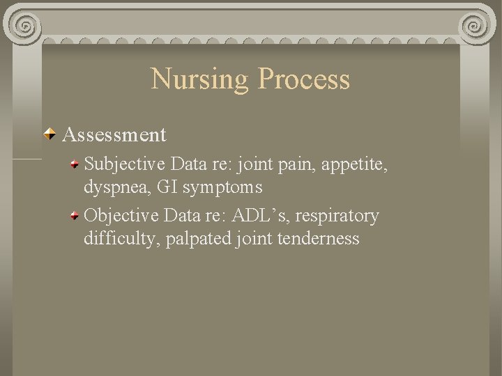 Nursing Process Assessment Subjective Data re: joint pain, appetite, dyspnea, GI symptoms Objective Data
