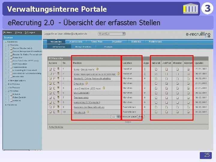Verwaltungsinterne Portale 3 e. Recruting 2. 0 - Übersicht der erfassten Stellen 25 