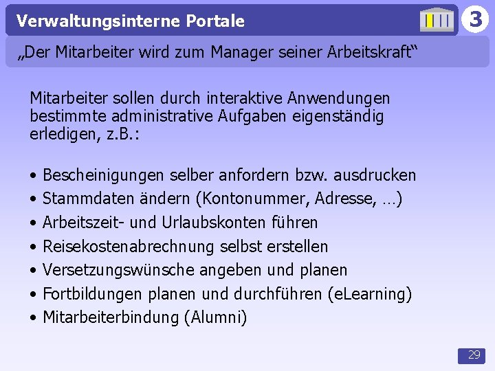 Verwaltungsinterne Portale 3 „Der Mitarbeiter wird zum Manager seiner Arbeitskraft“ Mitarbeiter sollen durch interaktive