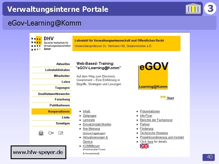 Verwaltungsinterne Portale 3 e. Gov-Learning@Komm www. hfw-speyer. de 40 