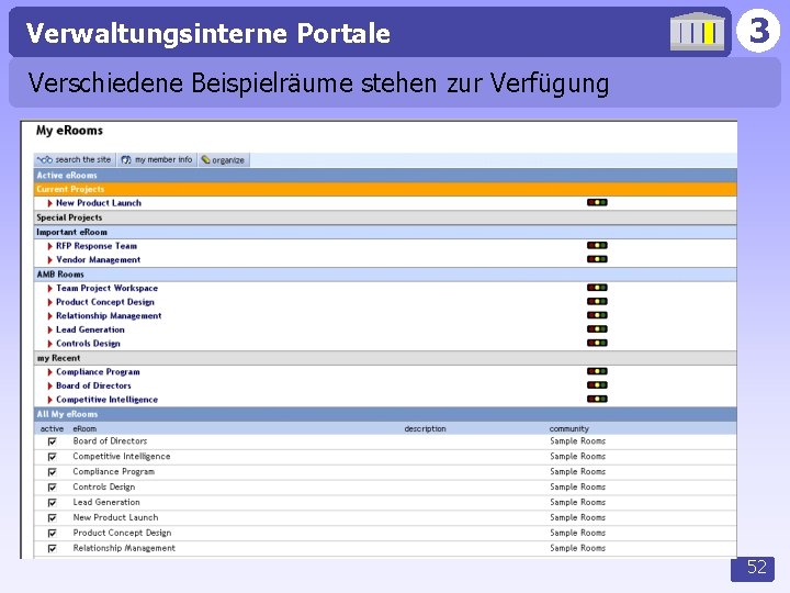 Verwaltungsinterne Portale 3 Verschiedene Beispielräume stehen zur Verfügung 52 