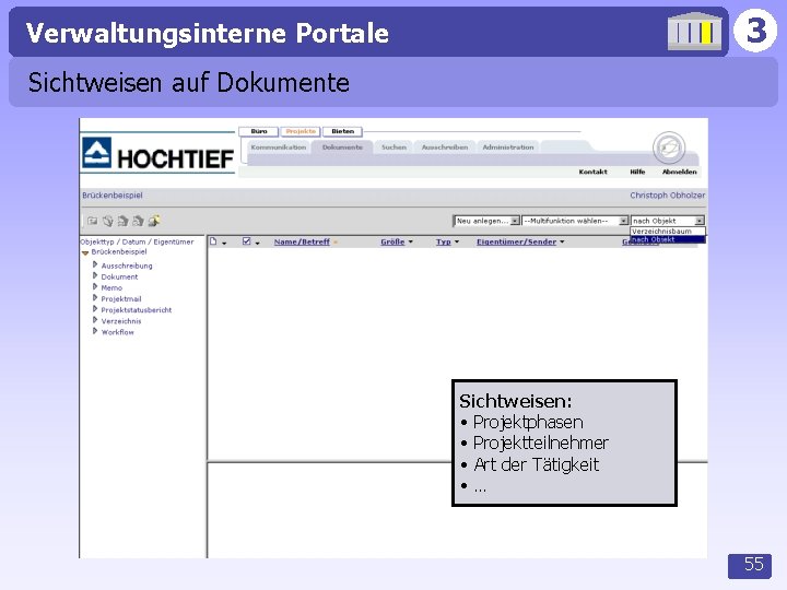 3 Verwaltungsinterne Portale Sichtweisen auf Dokumente Sichtweisen: • Projektphasen • Projektteilnehmer • Art der