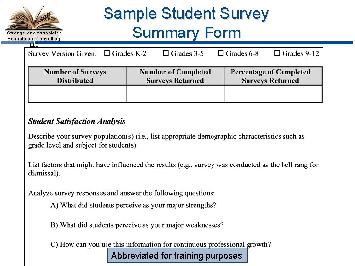 Stronge and Associates Educational Consulting, LLC Sample Student Survey Summary Form Abbreviated for training