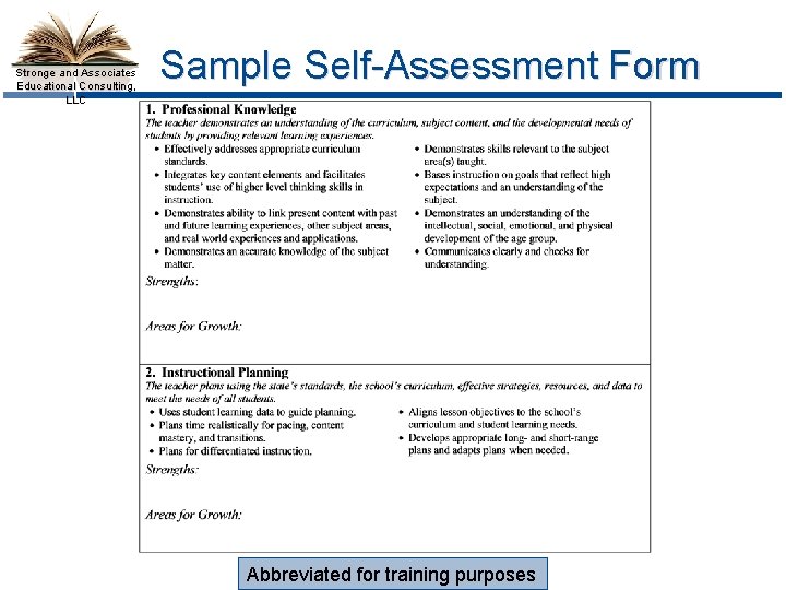 Stronge and Associates Educational Consulting, LLC Sample Self-Assessment Form Abbreviated for training purposes 