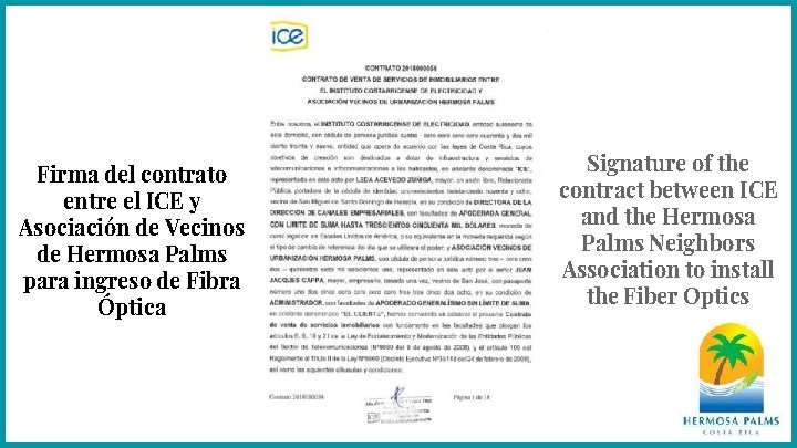 Firma del contrato entre el ICE y Asociación de Vecinos de Hermosa Palms para