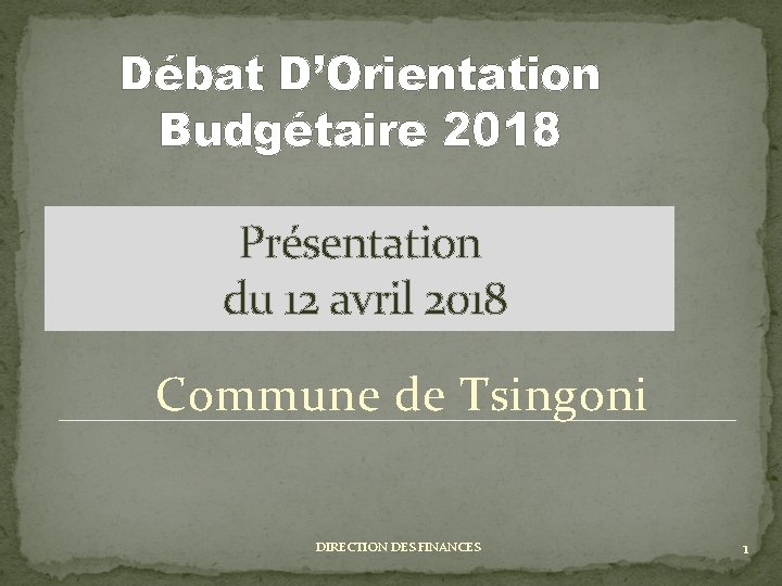 Débat D’Orientation Budgétaire 2018 Présentation du 12 avril 2018 Commune de Tsingoni DIRECTION DES