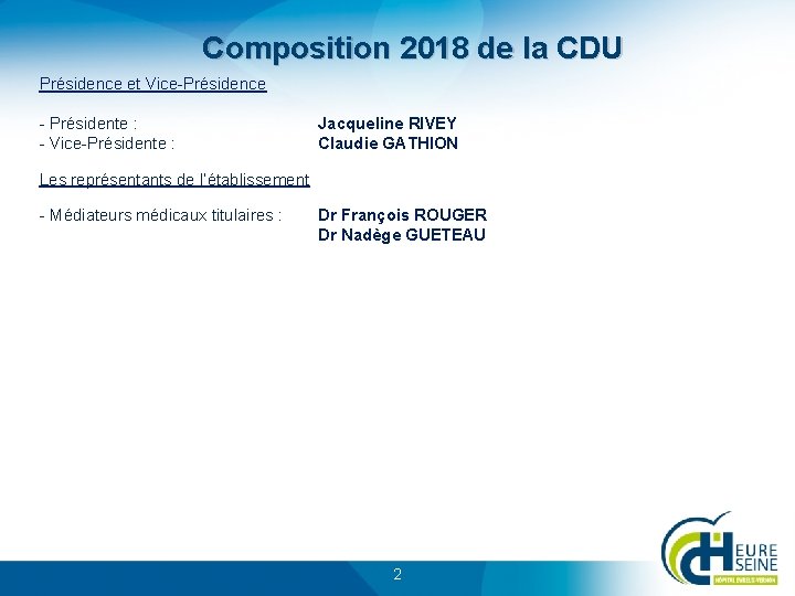 Composition 2018 de la CDU Présidence et Vice-Présidence - Présidente : - Vice-Présidente :