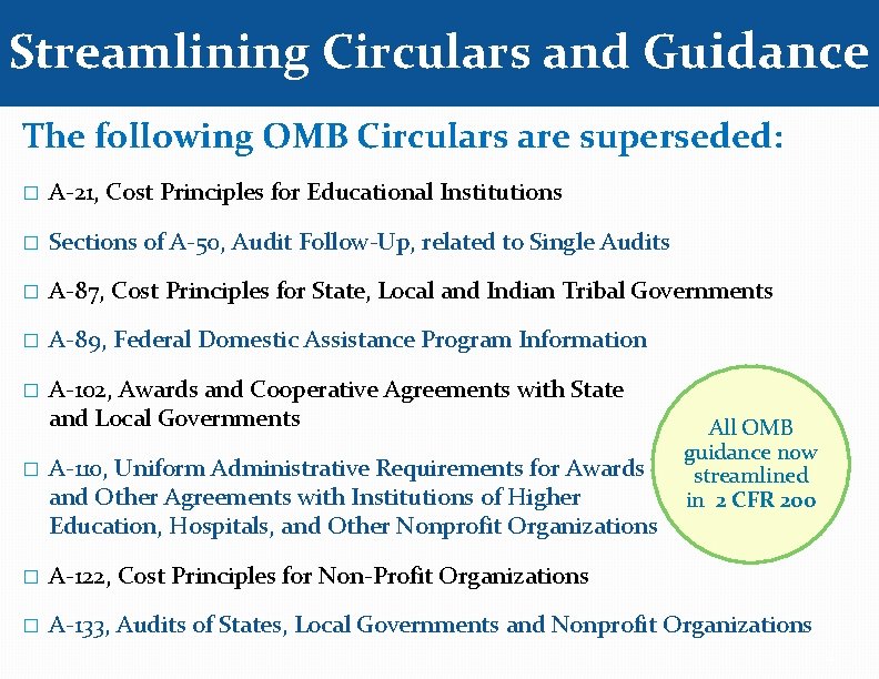 Streamlining Circulars and Guidance The following OMB Circulars are superseded: � A-21, Cost Principles
