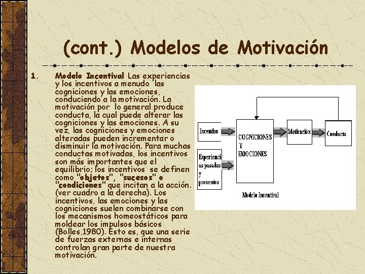 (cont. ) Modelos de Motivación 1. Modelo Incentival Las experiencias y los incentivos a