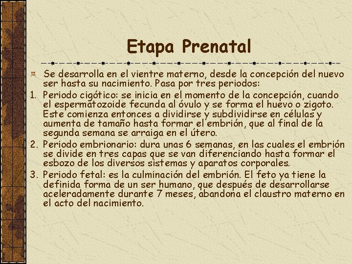 Etapa Prenatal Se desarrolla en el vientre materno, desde la concepción del nuevo ser