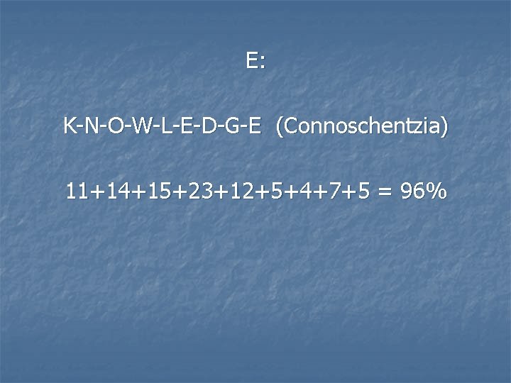 E: K-N-O-W-L-E-D-G-E (Connoschentzia) 11+14+15+23+12+5+4+7+5 = 96% 