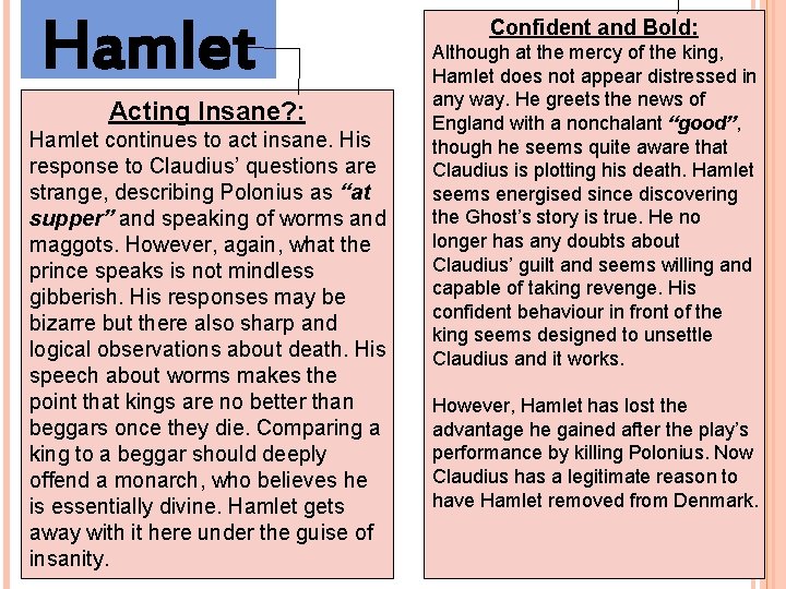 Hamlet Acting Insane? : Hamlet continues to act insane. His response to Claudius’ questions