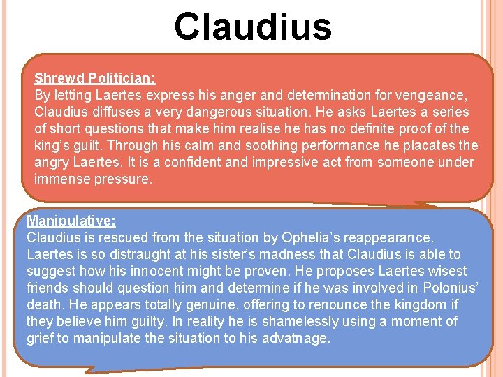Claudius Shrewd Politician: By letting Laertes express his anger and determination for vengeance, Claudius