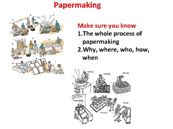 Papermaking Make sure you know 1. The whole process of papermaking 2. Why, where,