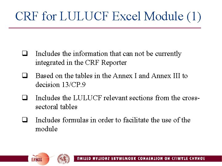  CRF for LULUCF Excel Module (1) q Includes the information that can not