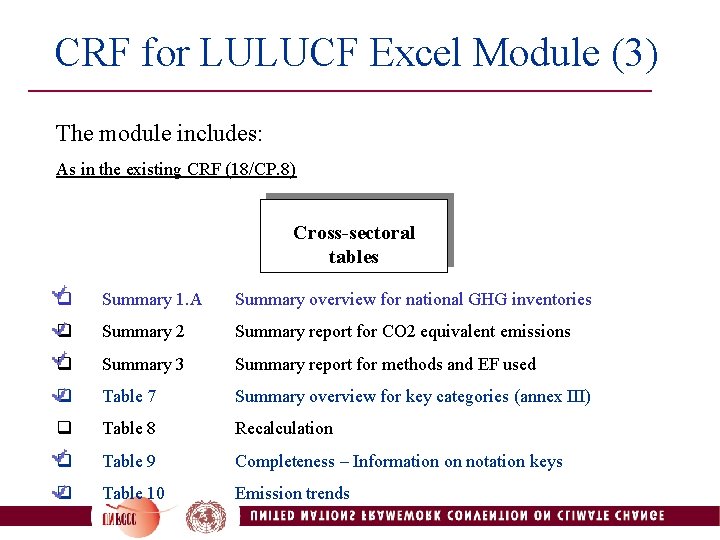  CRF for LULUCF Excel Module (3) The module includes: As in the existing