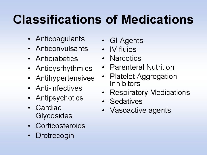 Classifications of Medications • • Anticoagulants Anticonvulsants Antidiabetics Antidysrhythmics Antihypertensives Anti-infectives Antipsychotics Cardiac Glycosides
