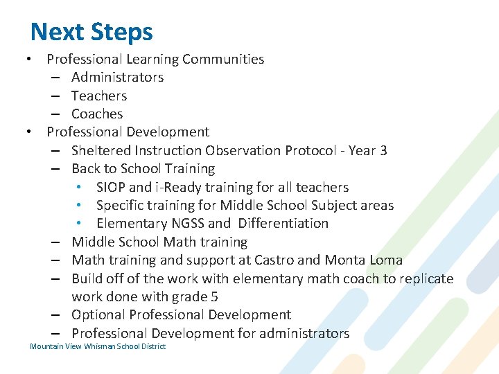 Next Steps • Professional Learning Communities – Administrators – Teachers – Coaches • Professional