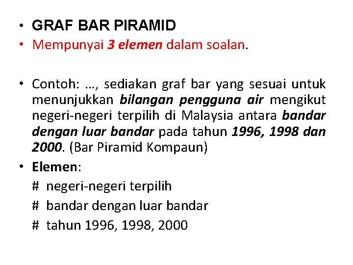  • GRAF BAR PIRAMID • Mempunyai 3 elemen dalam soalan. • Contoh: …,