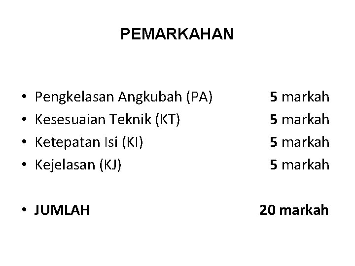 PEMARKAHAN • • Pengkelasan Angkubah (PA) Kesesuaian Teknik (KT) Ketepatan Isi (KI) Kejelasan (KJ)