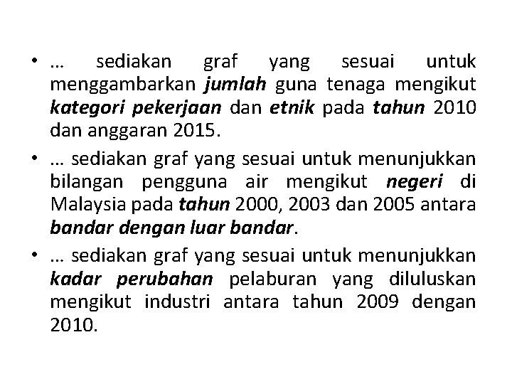  • … sediakan graf yang sesuai untuk menggambarkan jumlah guna tenaga mengikut kategori