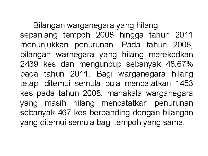 Bilangan warganegara yang hilang sepanjang tempoh 2008 hingga tahun 2011 menunjukkan penurunan. Pada tahun