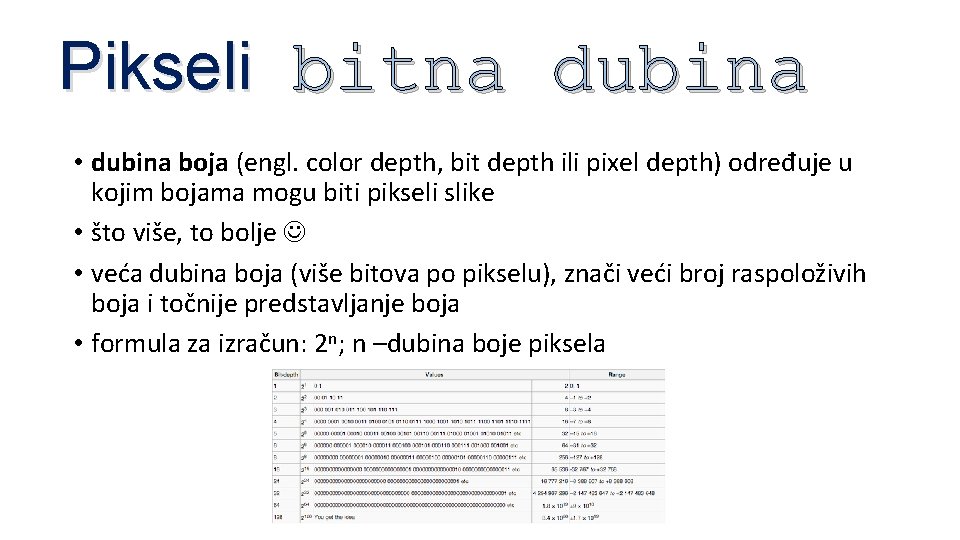 Pikseli bitna dubina • dubina boja (engl. color depth, bit depth ili pixel depth)