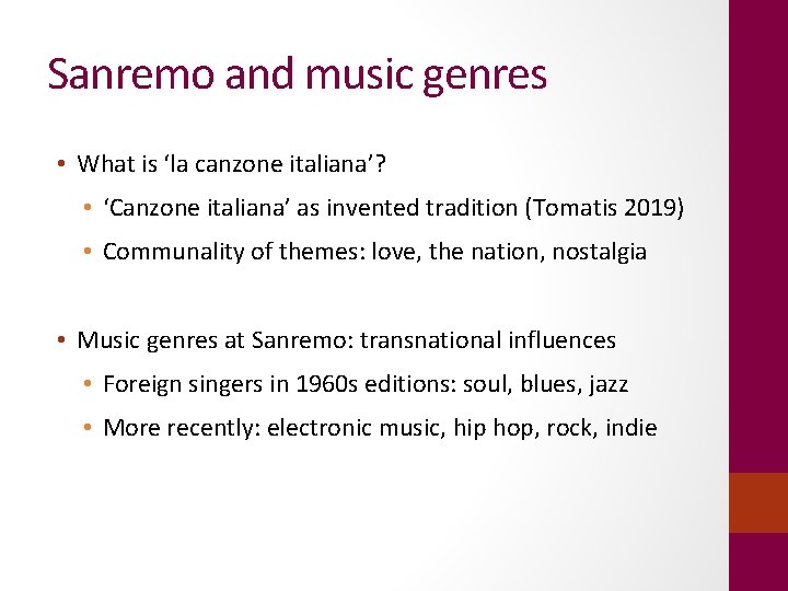 Sanremo and music genres • What is ‘la canzone italiana’? • ‘Canzone italiana’ as
