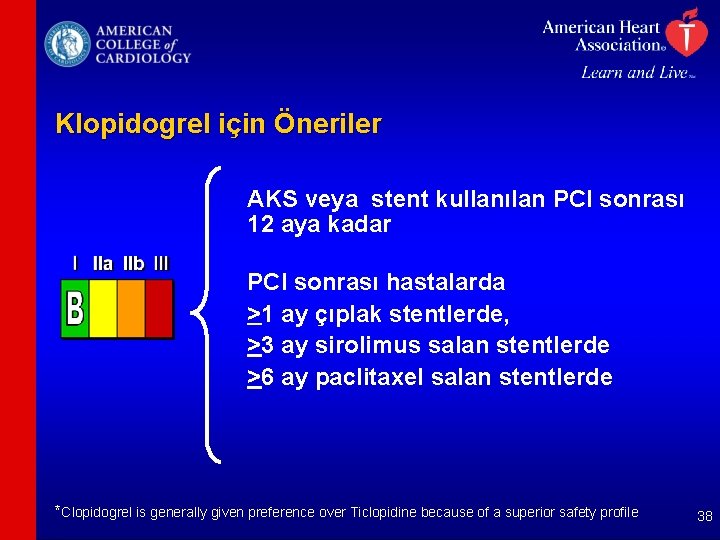 Klopidogrel için Öneriler AKS veya stent kullanılan PCI sonrası 12 aya kadar PCI sonrası