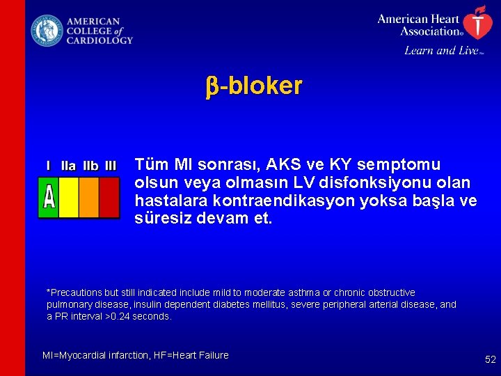 b-bloker Tüm MI sonrası, AKS ve KY semptomu olsun veya olmasın LV disfonksiyonu olan