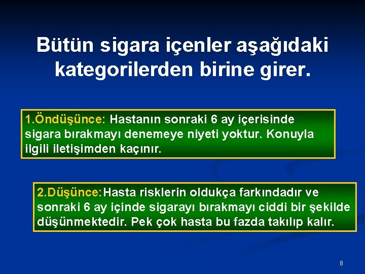 Bütün sigara içenler aşağıdaki kategorilerden birine girer. 1. Öndüşünce: Hastanın sonraki 6 ay içerisinde