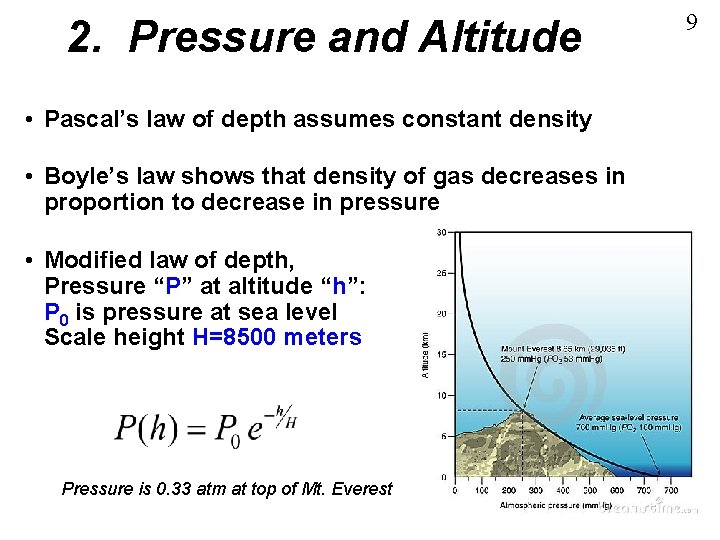 2. Pressure and Altitude • Pascal’s law of depth assumes constant density • Boyle’s
