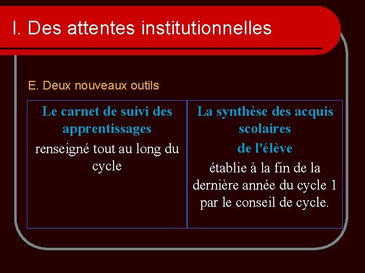 I. Des attentes institutionnelles E. Deux nouveaux outils Le carnet de suivi des La