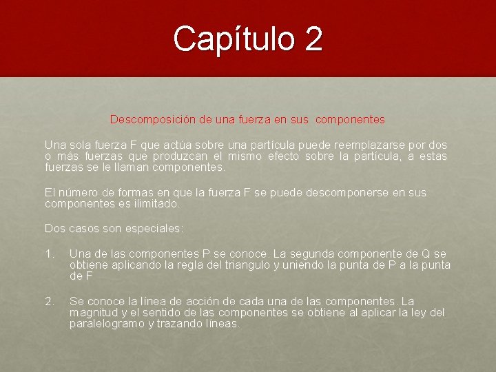 Capítulo 2 Descomposición de una fuerza en sus componentes Una sola fuerza F que