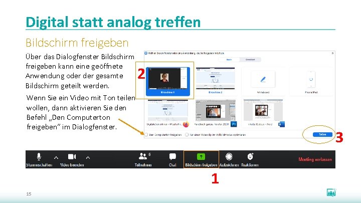 Digital statt analog treffen Bildschirm freigeben Über das Dialogfenster Bildschirm freigeben kann eine geöffnete