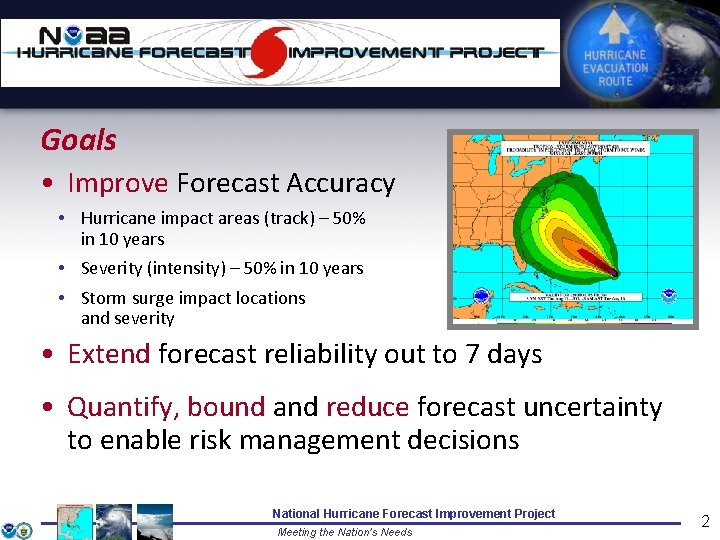 Goals • Improve Forecast Accuracy • Hurricane impact areas (track) – 50% in 10