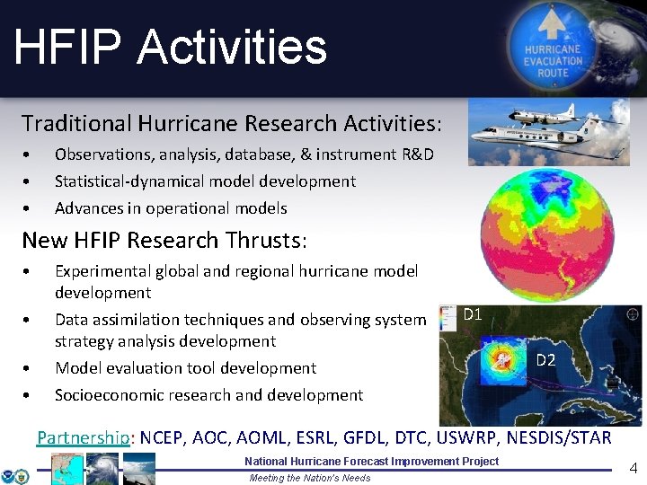 HFIP Activities Traditional Hurricane Research Activities: • • • Observations, analysis, database, & instrument