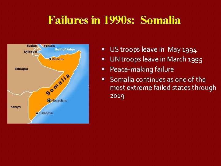 Failures in 1990 s: Somalia US troops leave in May 1994 UN troops leave